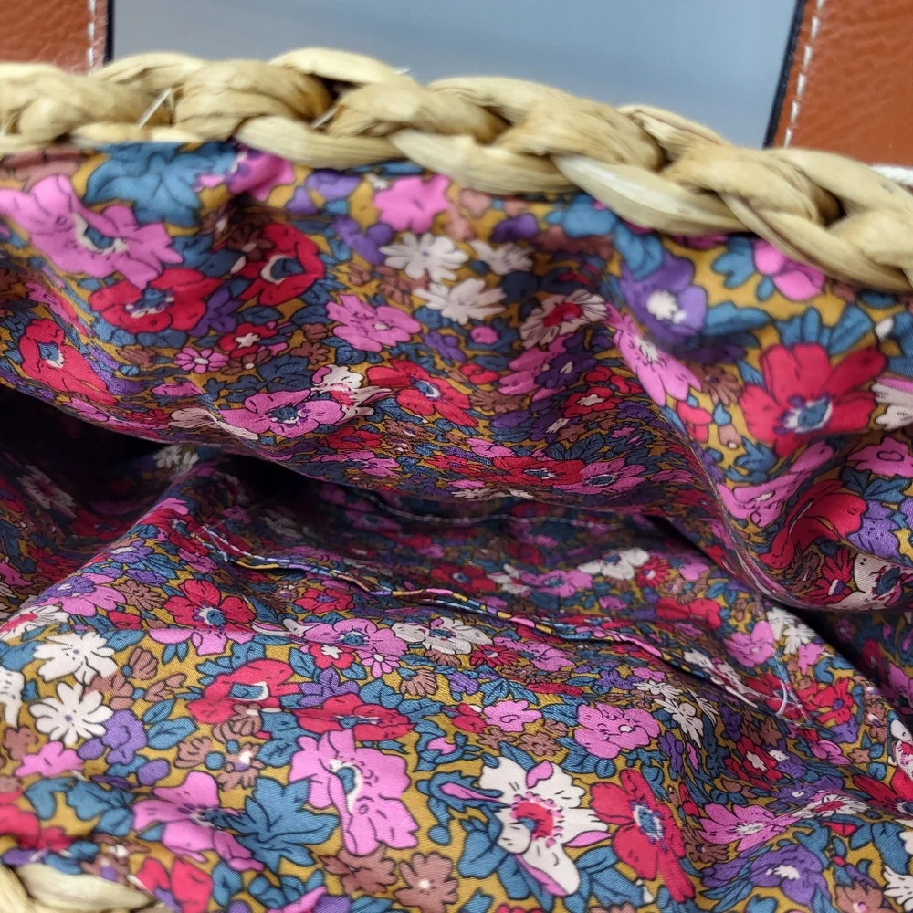 Natural Life Straw Backpack Tote BAG Floral Lined Water Hyacinth Woven Boho NWT